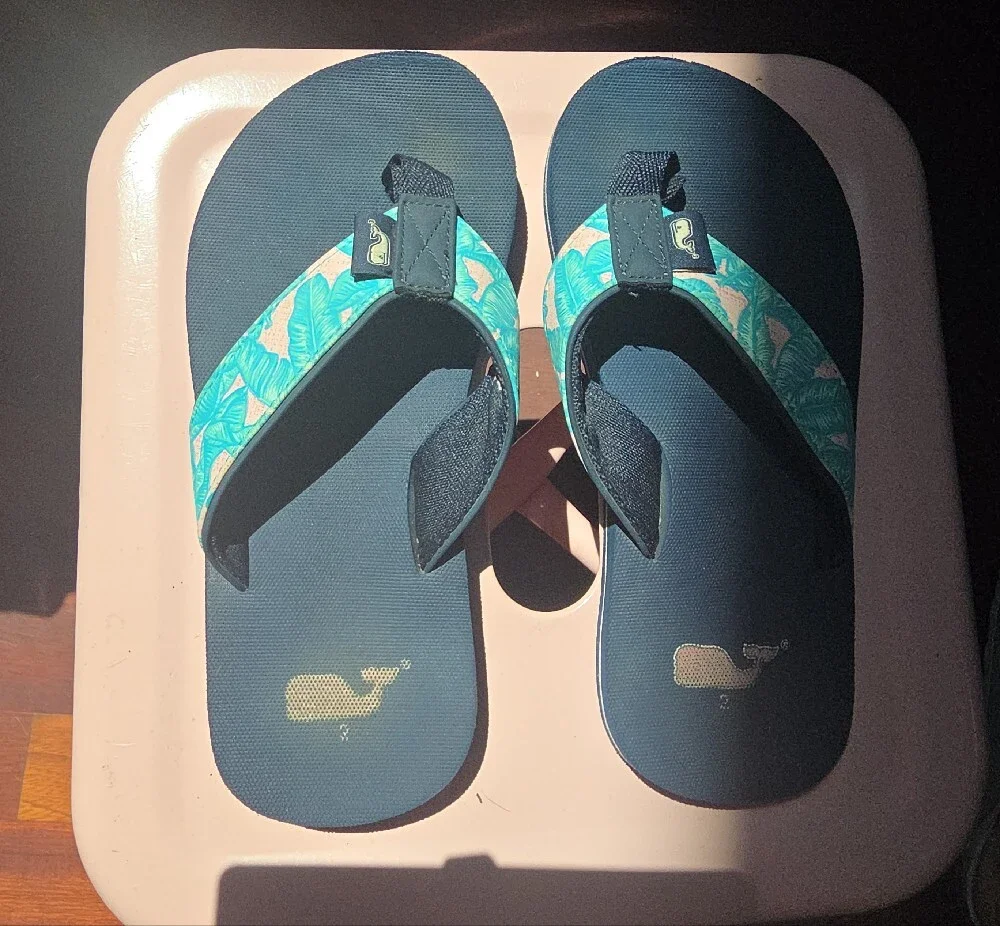 Vineyard Vines Kids Teal & Navy Flip Flops with Whale Logo